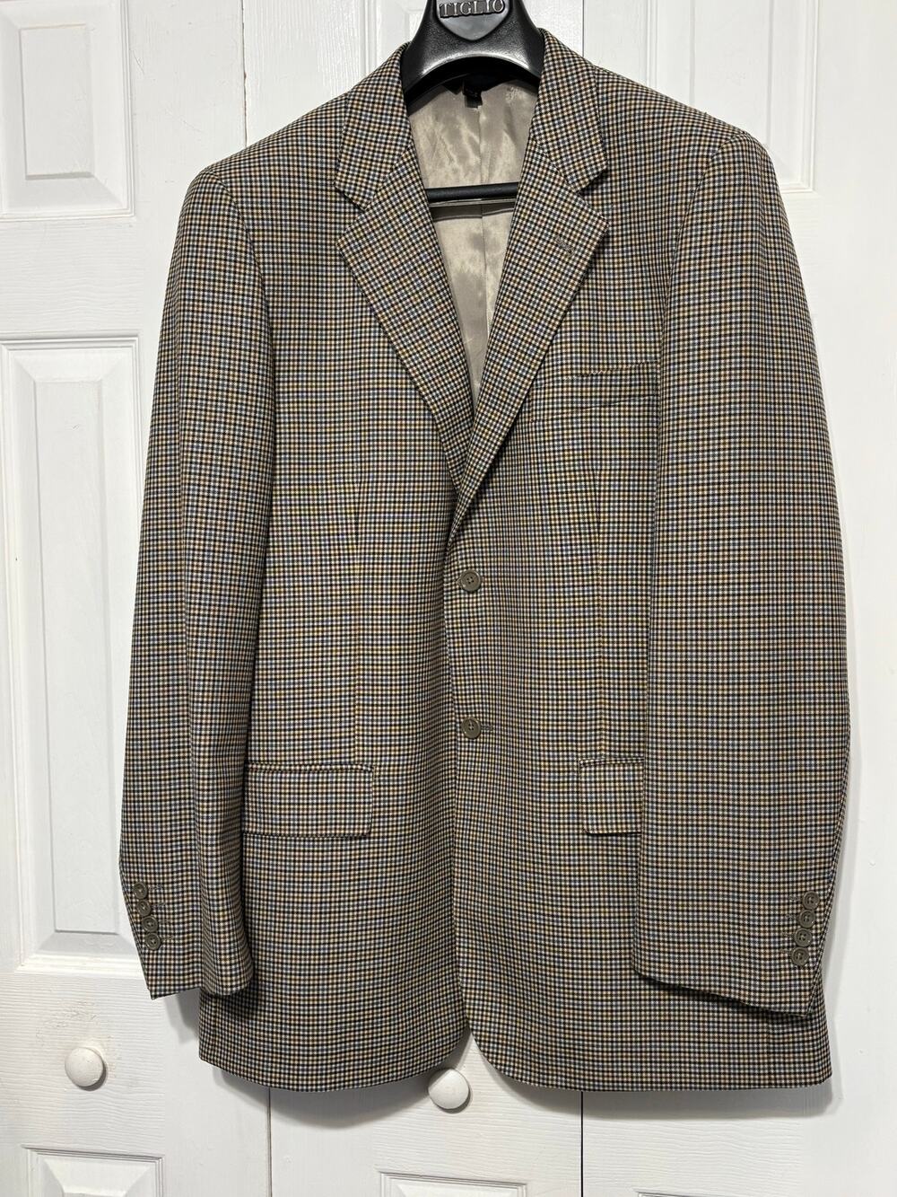 Baroni Mens 44L Wool Super 150 Blazer Hounds Tooth Tan Blue Classic Traditional